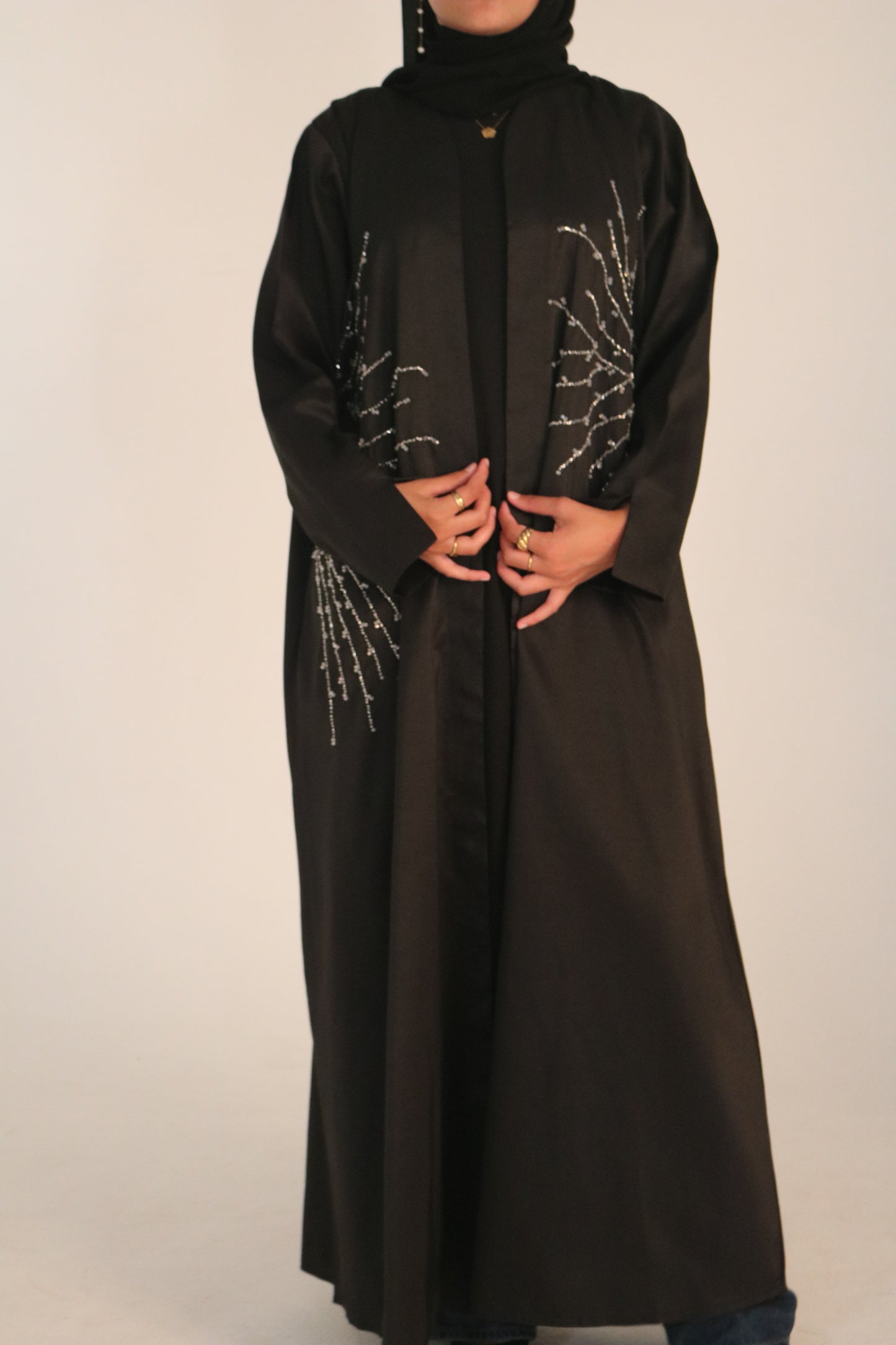 Black Satin Abaya with Beaded Embellishments