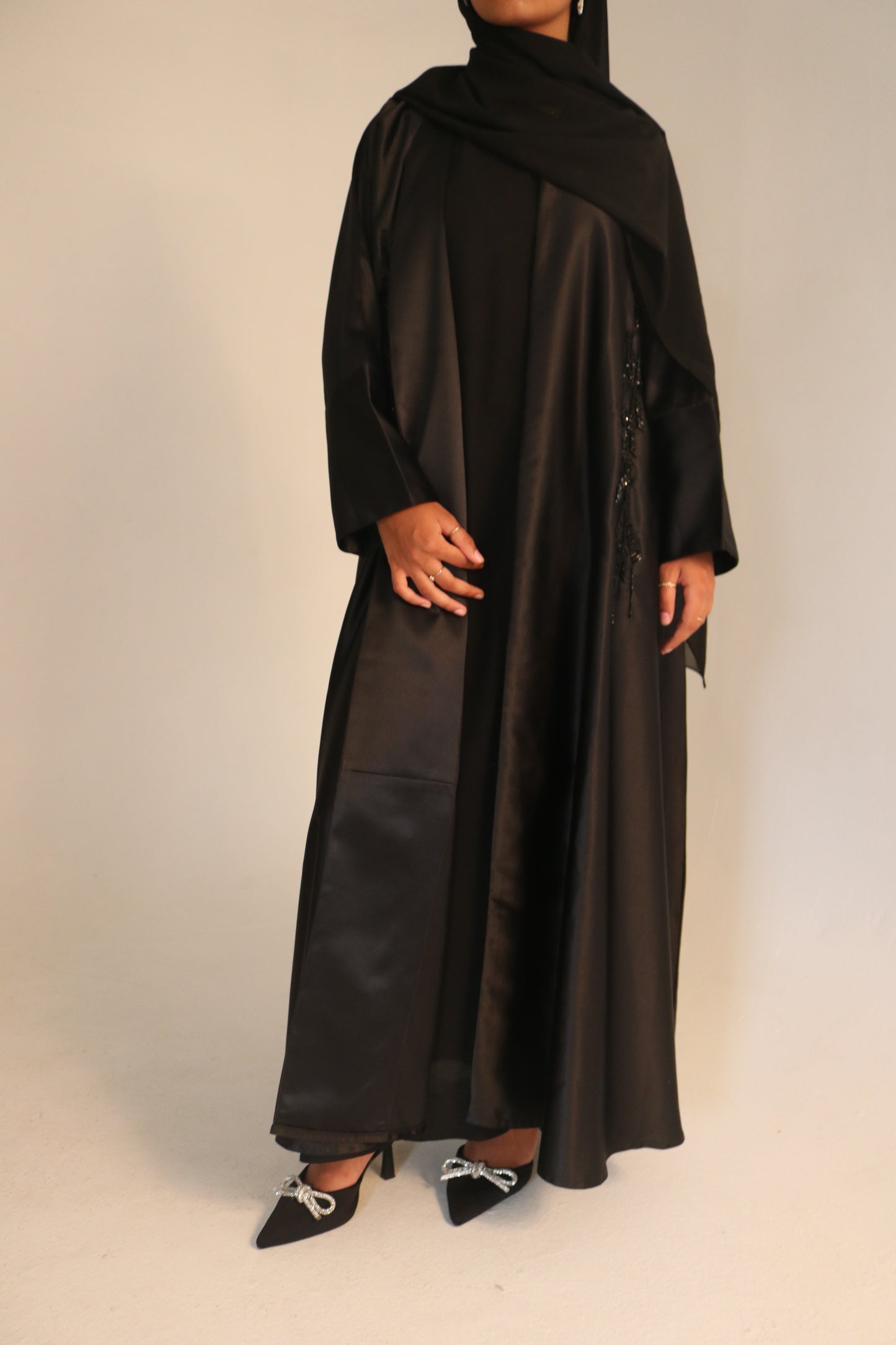 Black Satin Abaya with Beaded Embellishments